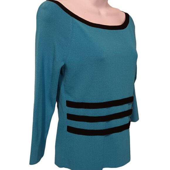 Pointelle turquoise/black bateau neck knit top sweater size S - Picture 2 of 6